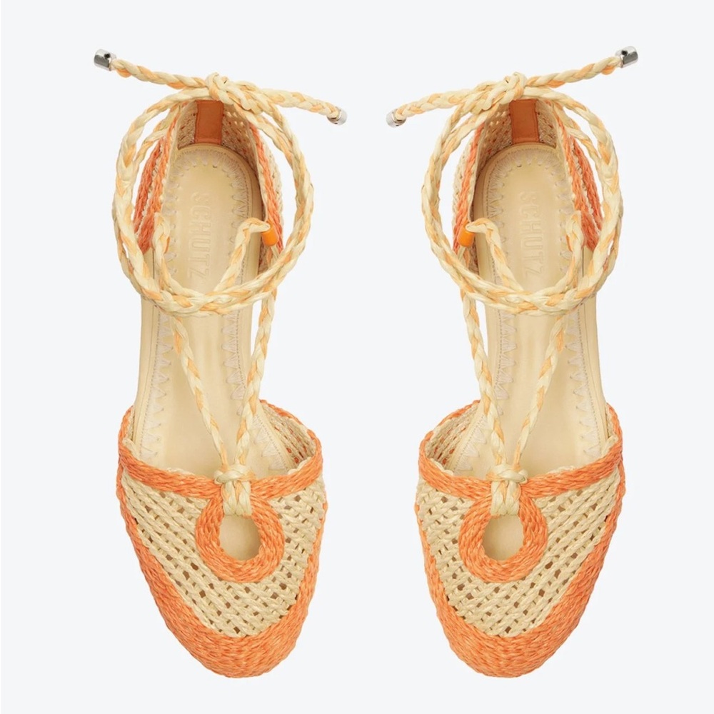 SCHUTZ Jessel Flat Sandal Woven Straw Lace Up Shoe Women's Size 7